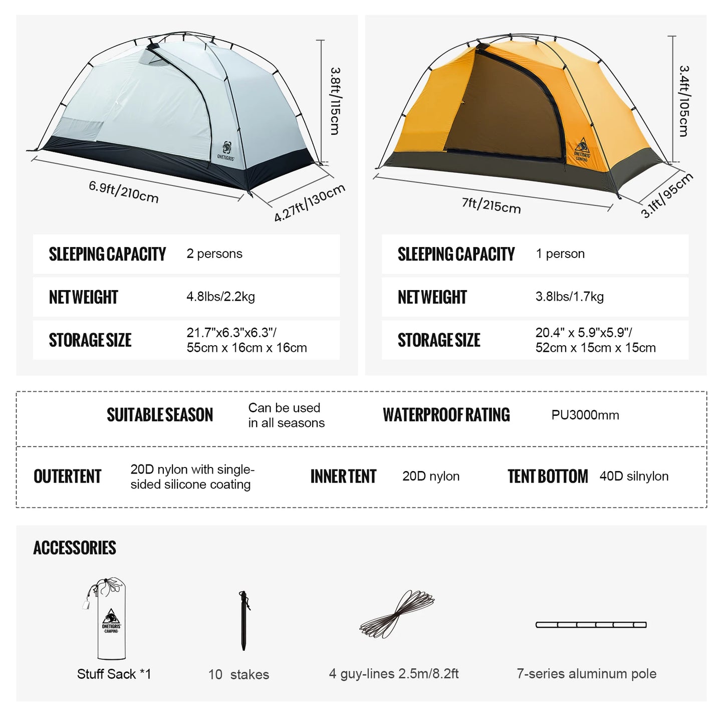 OneTigris Stella Camping Tent 4 Season 2 Person Tourist Tents Lightweight Double Layer 3000mm Waterproof Outdoor Hiking Beach