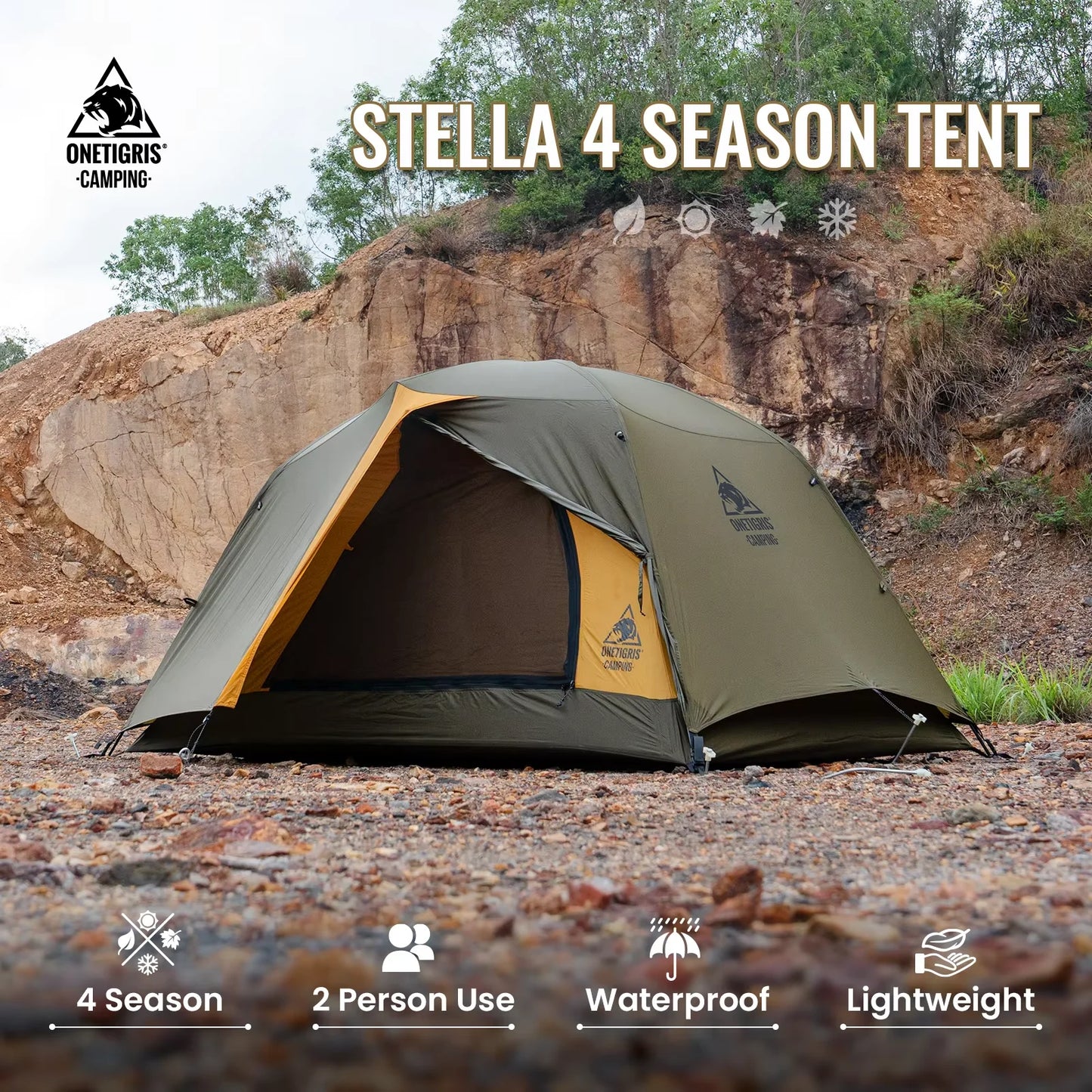OneTigris Stella Camping Tent 4 Season 2 Person Tourist Tents Lightweight Double Layer 3000mm Waterproof Outdoor Hiking Beach