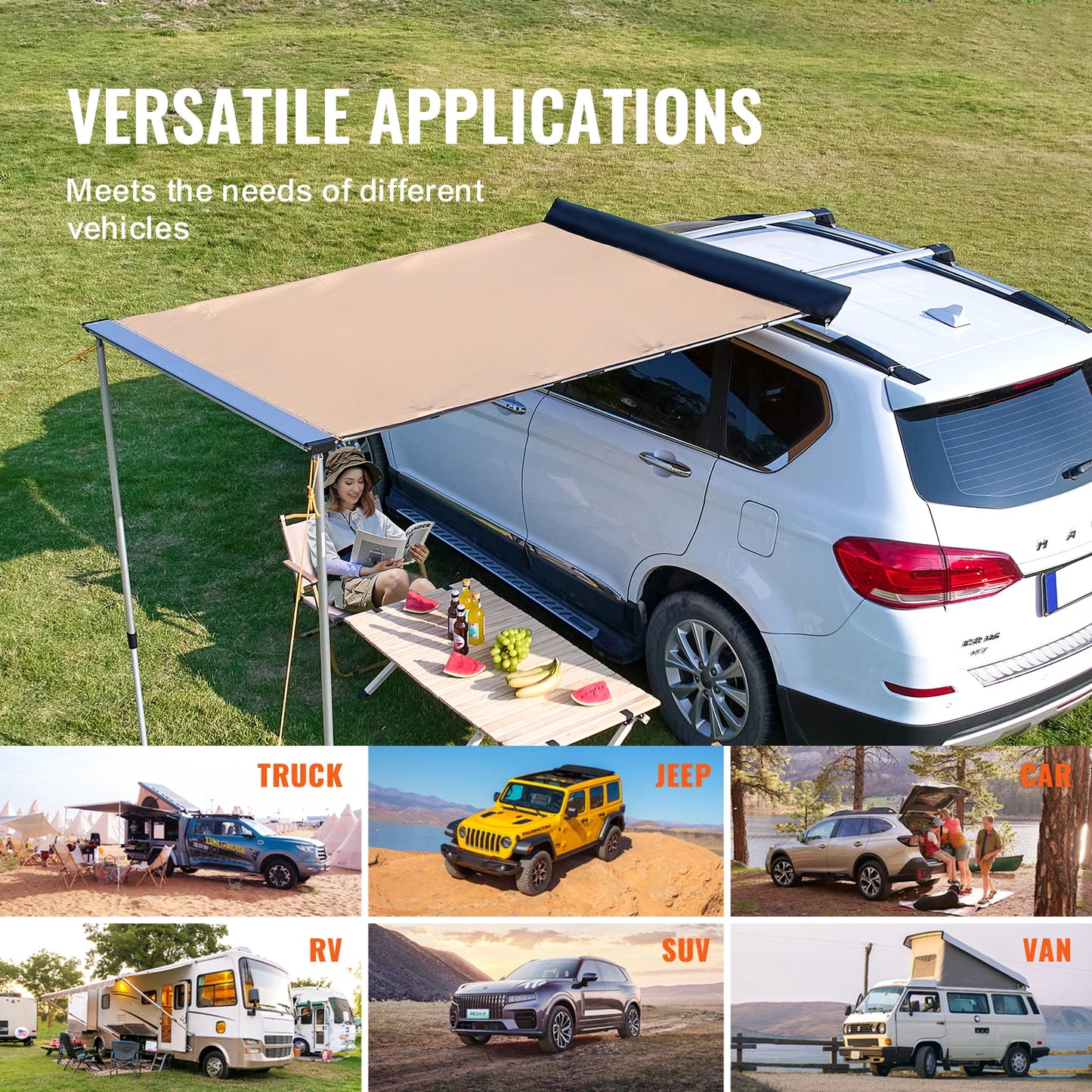 SucceBuy Vehicle Awning  Retractable Car Side Awning Car Awning with Waterproof Storage Bag  Suitable for Truck SUV Van Campers