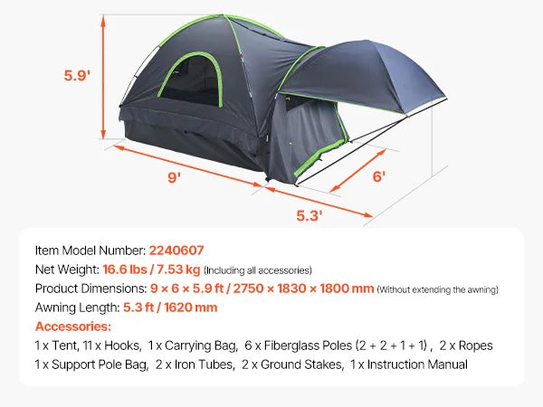 SucceBuy Pickup Truck Tent for Camping Waterproof PU2000 2-3 Person Truck Bed Tent Truck Bed Camper Shell with Expandable Awning