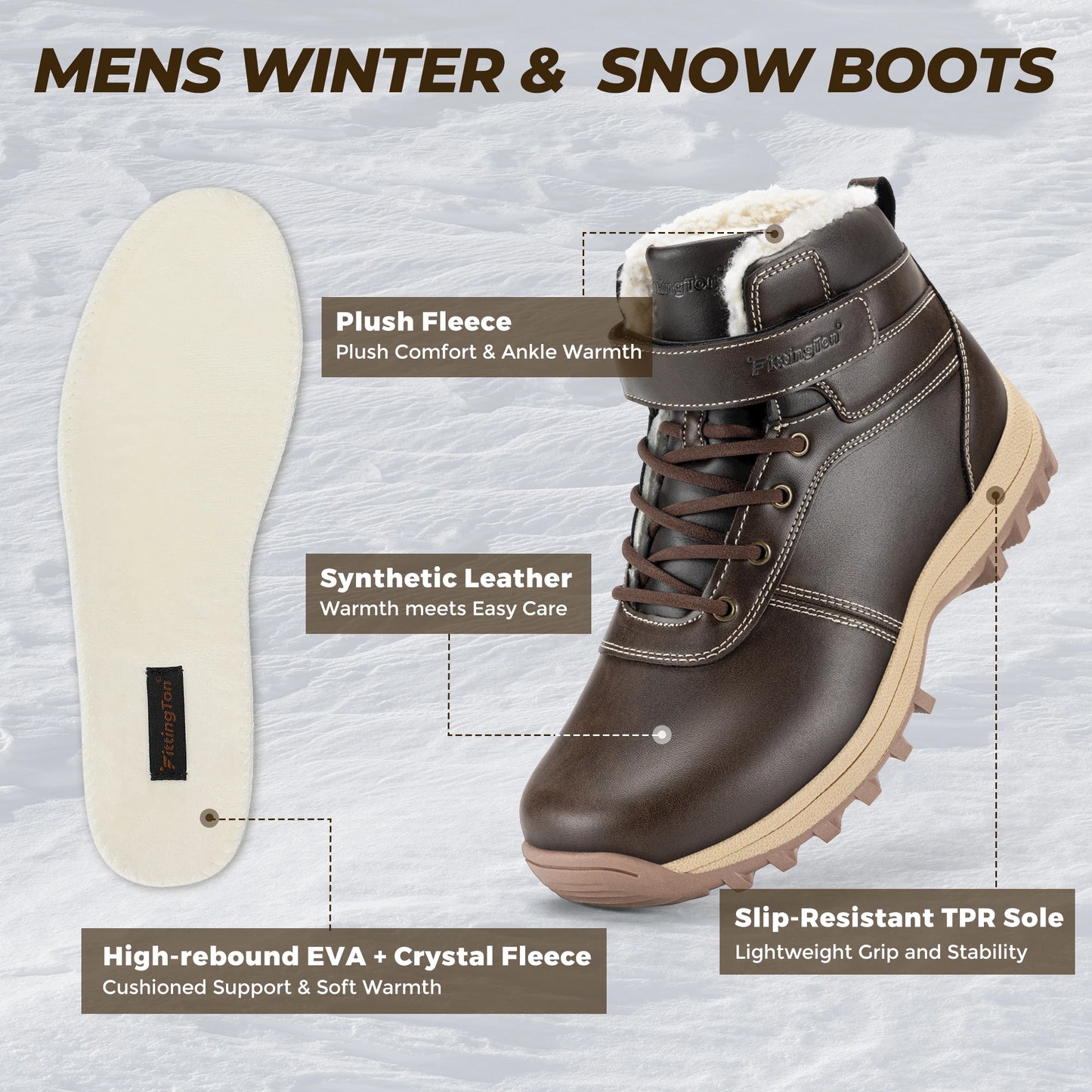 Fittington Wide Snow Boots For Man Winter Hiking Leather Boot Outdoor Ankle High-top Shoes Waterproof  Work Warm FurLined Boot