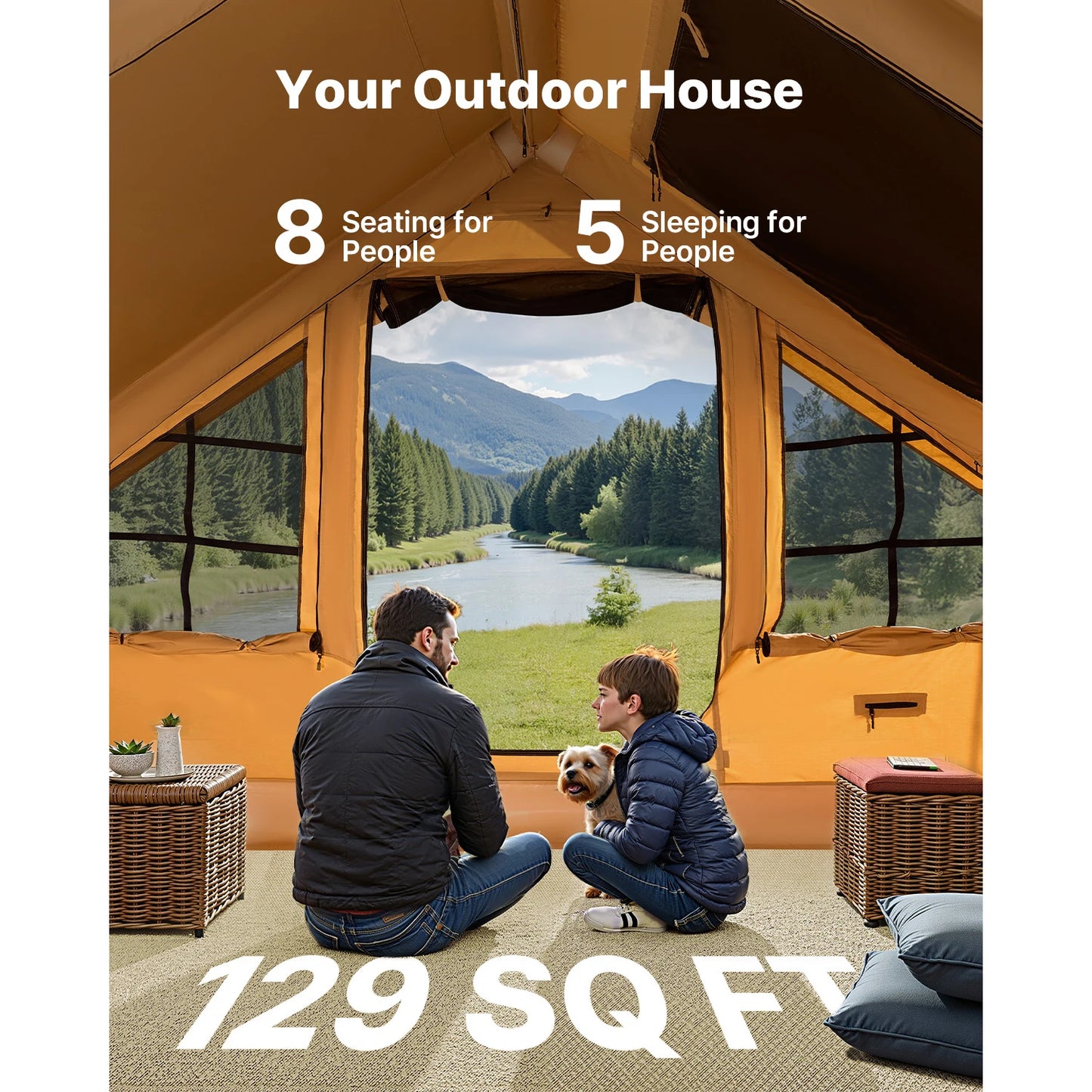 SucceBuy Inflatable Tents for Camping Easy Setup Blow up Tent with Hand Pump Glamping Tent with Skylight Stove Jack Mesh Windows